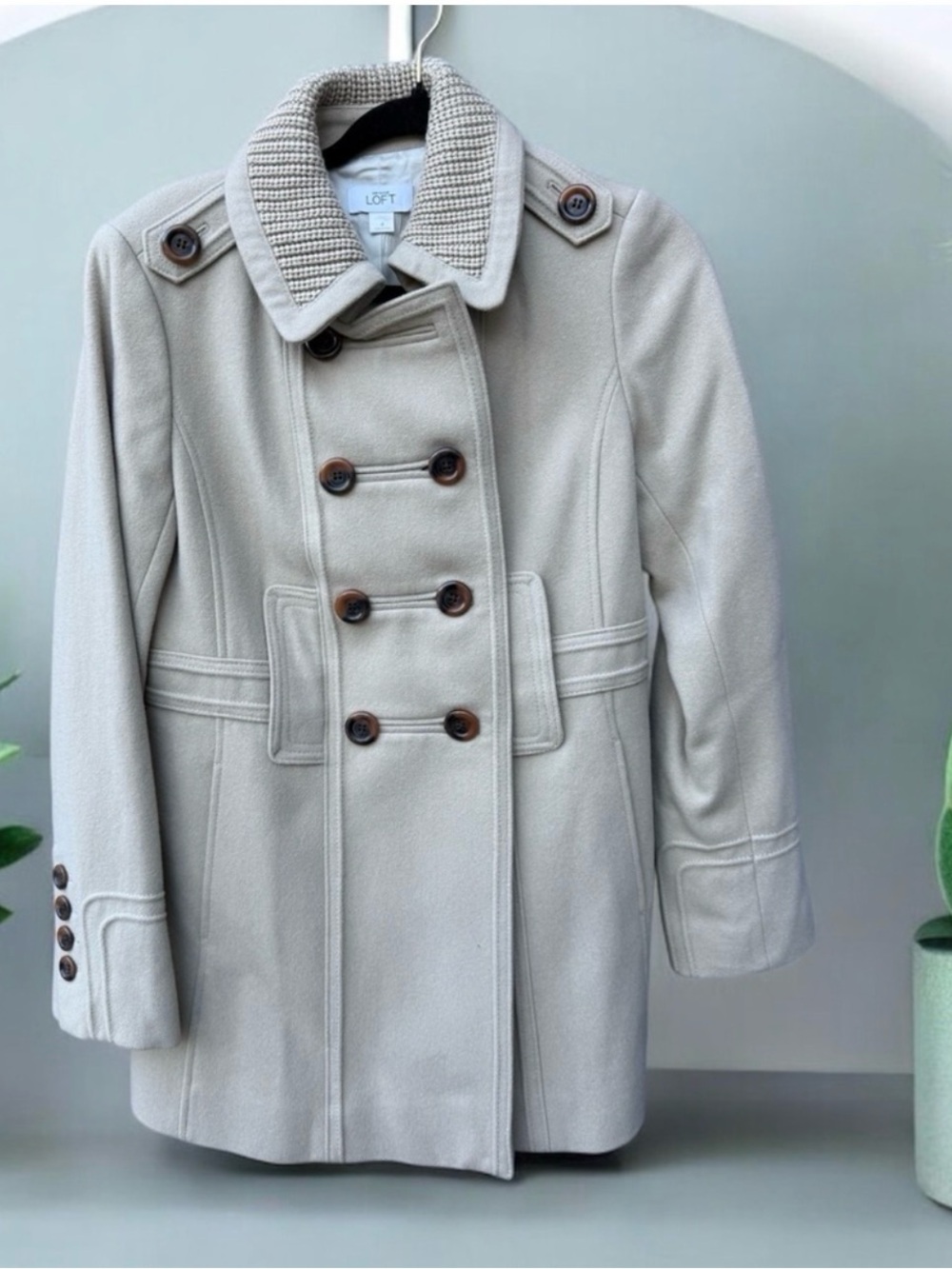 LOFT Cream Double-Breasted Pea Coat with Textured Collar